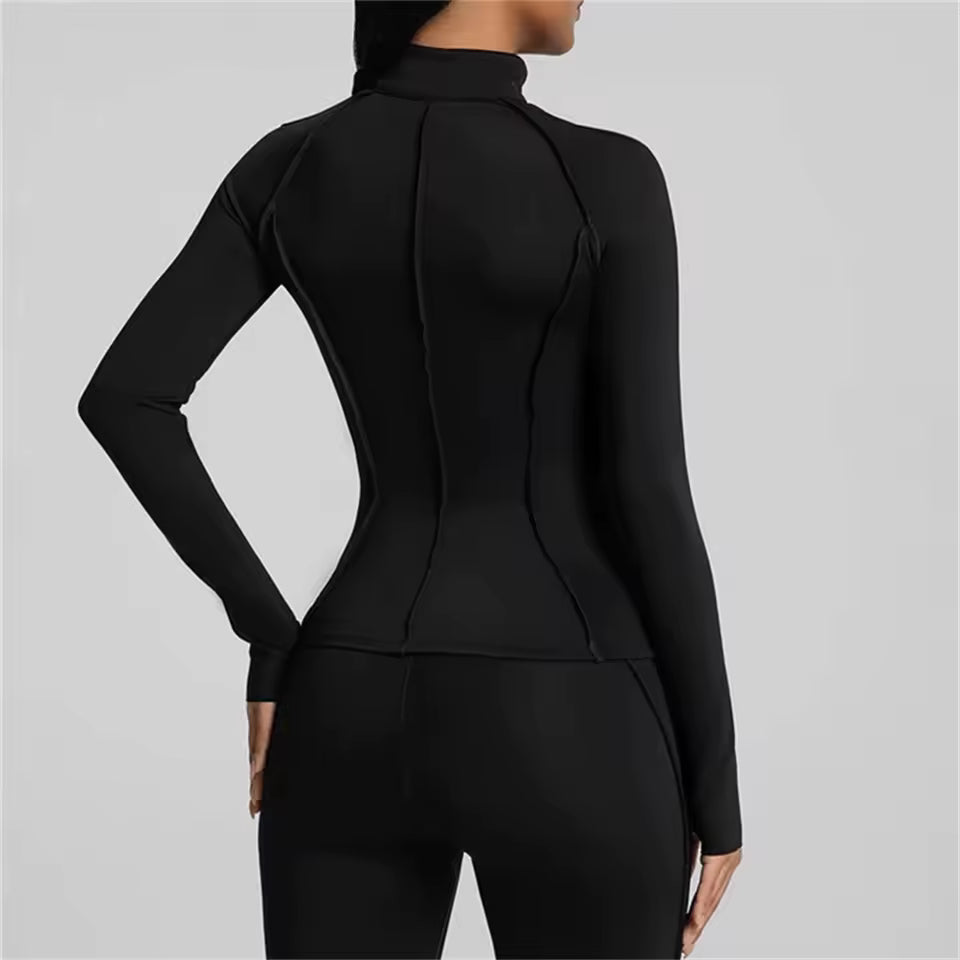 Conjunto feminino de treino com 2 peças — jaqueta acolchoada e roupa desportiva de ioga, com camisa de manga comprida de secagem rápida para fitness.