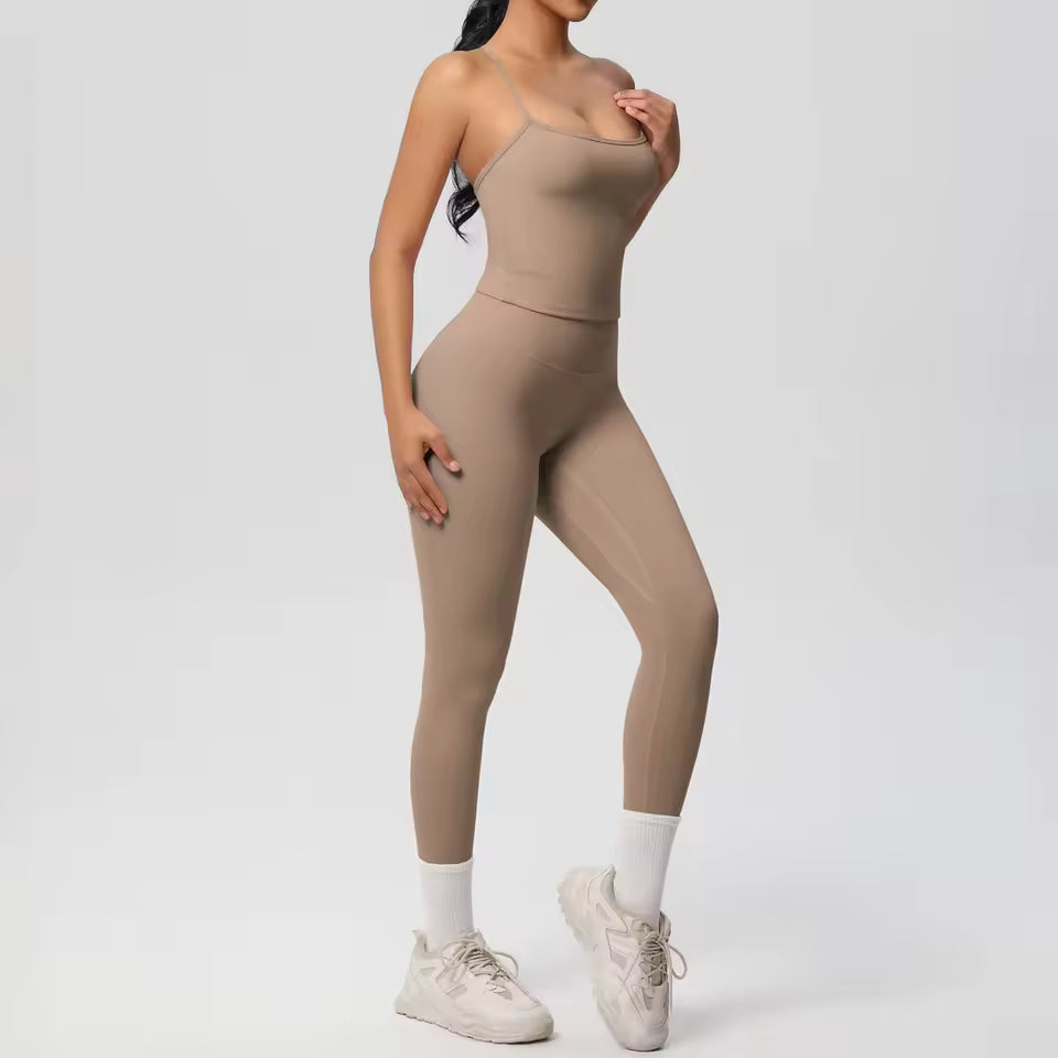 Conjunto desportivo feminino 2 peças — agasalho de ioga sem mangas, com sutiã desportivo e macacão de treino, ideal para fitness, ginásio e atividades físicas