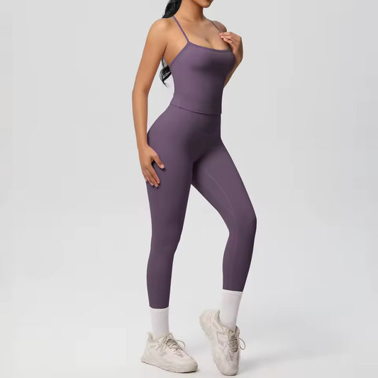 Conjunto desportivo feminino 2 peças — agasalho de ioga sem mangas, com sutiã desportivo e macacão de treino, ideal para fitness, ginásio e atividades físicas