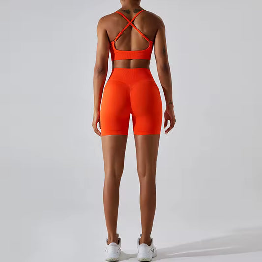 Conjunto de yoga feminino sem costuras, conjunto de treino de 2 peças com top canelado e calções de cintura alta, roupa de ginásio fitness para corrida e atividades atléticas.