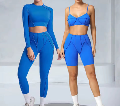 Conjunto feminino de ioga 3D — leggings de cintura alta que modelam e levantam o quadril, com top sem costas, para treino e ginásio.