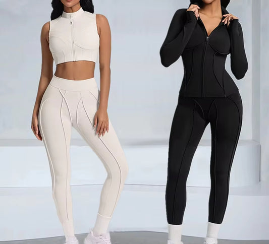 Conjunto feminino de treino com 2 peças — jaqueta acolchoada e roupa desportiva de ioga, com camisa de manga comprida de secagem rápida para fitness.