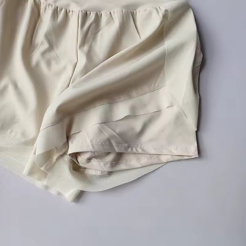 Shorts de yoga femininos de cintura alta, efeito de duas peças, com malha respirável e secagem rápida, anti-transparência