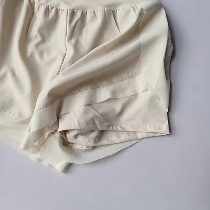 Shorts de yoga femininos de cintura alta, efeito de duas peças, com malha respirável e secagem rápida, anti-transparência