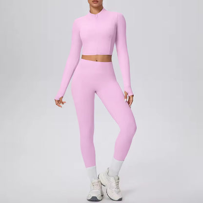 Conjunto feminino de 2 peças para treino, com jaqueta de fecho e calças de cintura alta, em cor sólida, respirável e de secagem rápida, ideal para yoga, ginásio, corrida e ciclismo