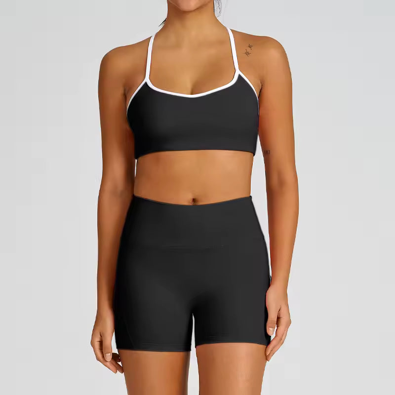 Conjunto de yoga feminino 2025 – cintura alta, efeito push-up e modelador, composto por top desportivo sem costas e leggings de compressão, ideal para treino, ginásio e yoga.