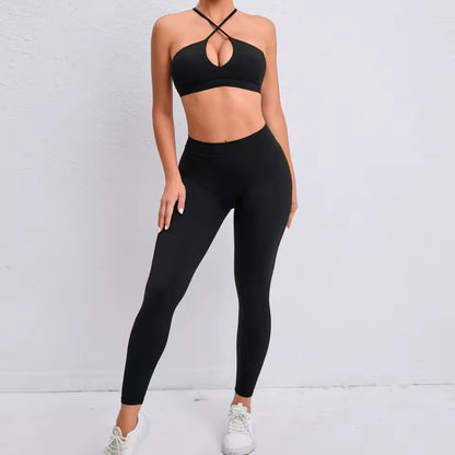 Conjunto desportivo feminino — roupa de fitness canelada para ioga, com top cruzado sem almofada e leggings push up para treino e ginásio.
