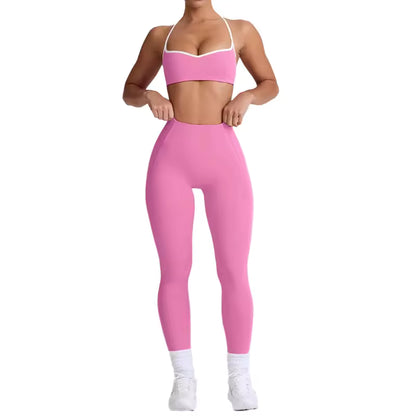 Conjunto de yoga feminino 2025 – cintura alta, efeito push-up e modelador, composto por top desportivo sem costas e leggings de compressão, ideal para treino, ginásio e yoga.