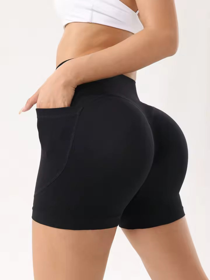 Calções desportivos femininos de cintura alta – cor lisa, em tecido de nylon, modelo justo e elegante, ideais para yoga e treino no verão.