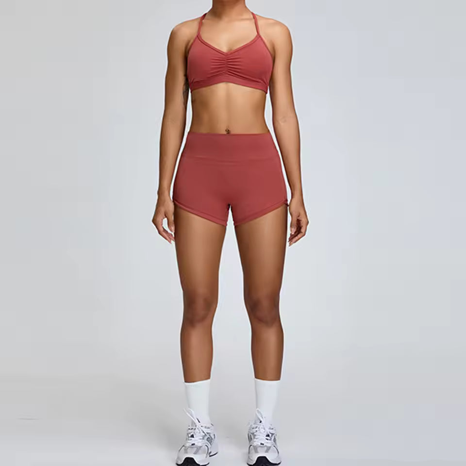 Conjunto desportivo feminino 2 peças — sutiã de treino e calções de cintura alta, com efeito push-up, ideal para ioga, corrida, ginásio e fitness