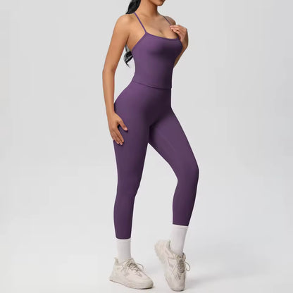 Conjunto desportivo feminino 2 peças — agasalho de ioga sem mangas, com sutiã desportivo e macacão de treino, ideal para fitness, ginásio e atividades físicas