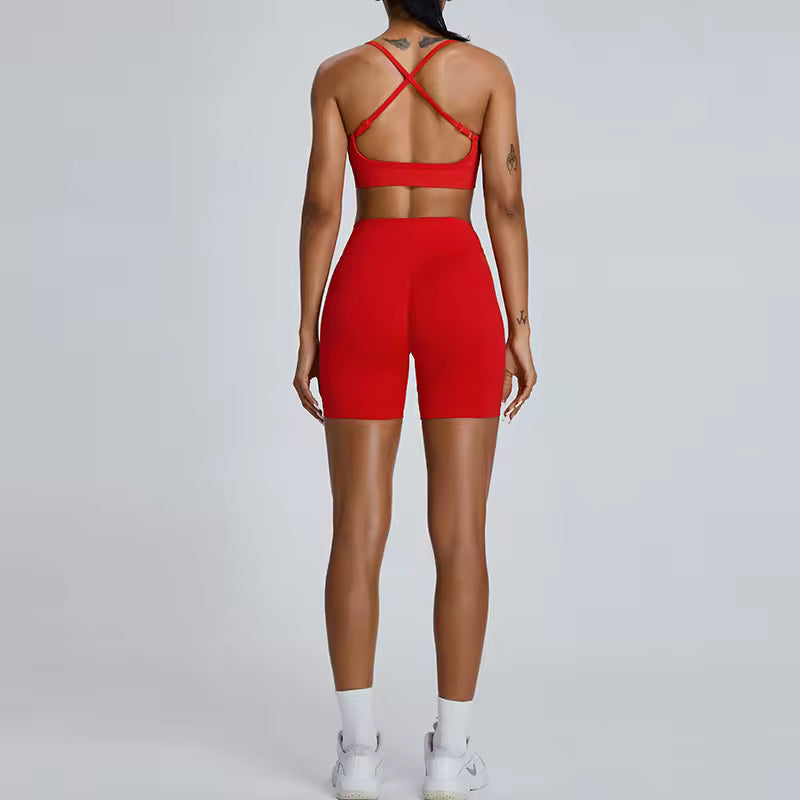 Conjunto de yoga feminino sem costuras, conjunto de treino de 2 peças com top canelado e calções de cintura alta, roupa de ginásio fitness para corrida e atividades atléticas.