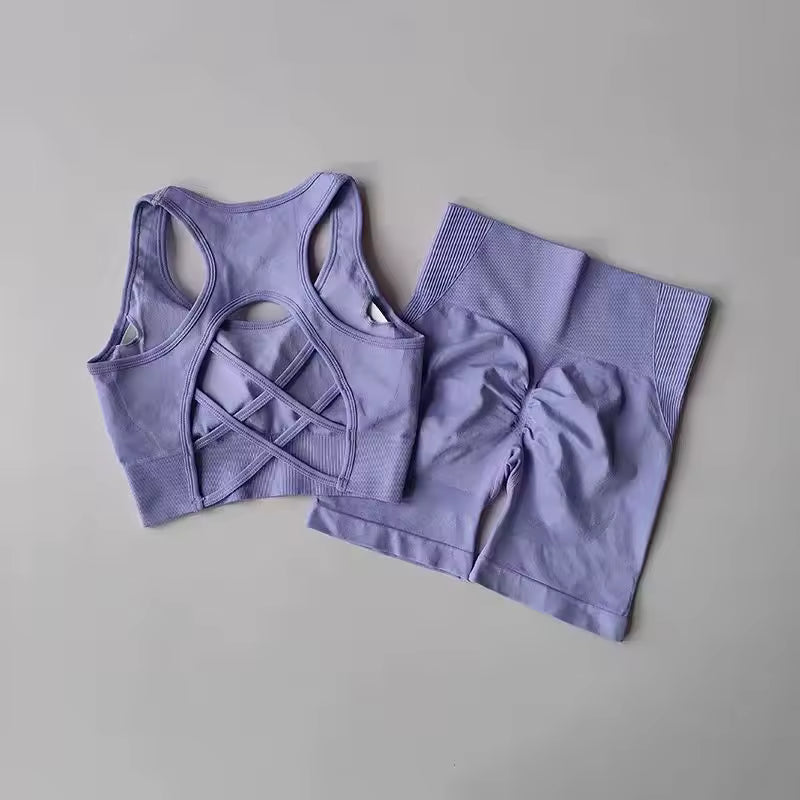 Conjunto feminino sem costuras 2 peças – top desportivo sexy e calções de cintura alta, ideal para yoga, ginásio e treino fitness.