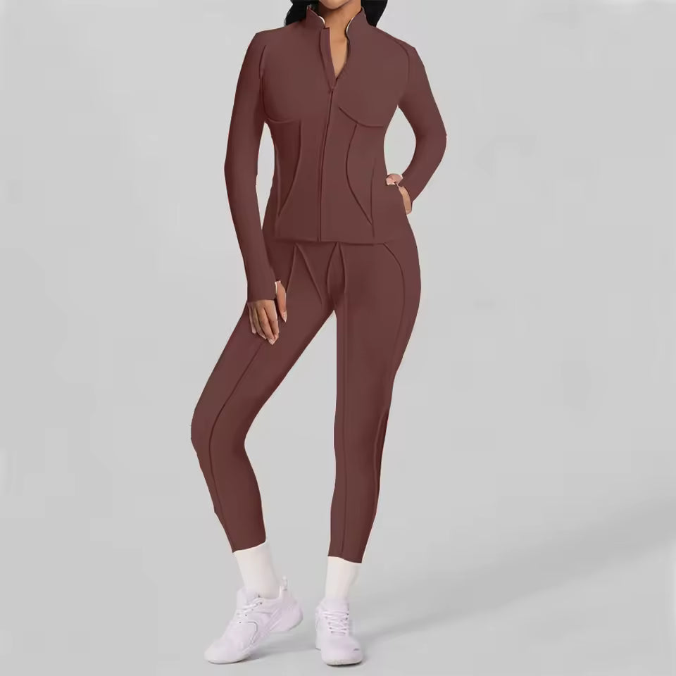 Conjunto feminino de treino com 2 peças — jaqueta acolchoada e roupa desportiva de ioga, com camisa de manga comprida de secagem rápida para fitness.