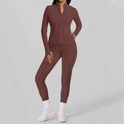 Conjunto feminino de treino com 2 peças — jaqueta acolchoada e roupa desportiva de ioga, com camisa de manga comprida de secagem rápida para fitness.