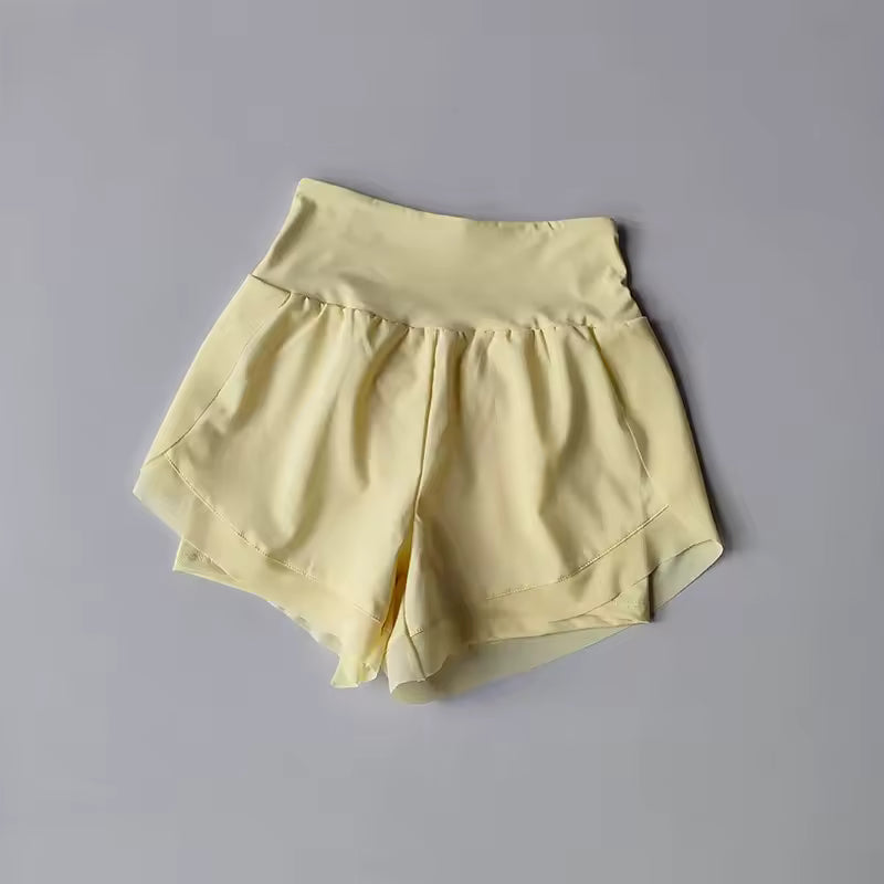 Shorts de yoga femininos de cintura alta, efeito de duas peças, com malha respirável e secagem rápida, anti-transparência