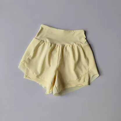 Shorts de yoga femininos de cintura alta, efeito de duas peças, com malha respirável e secagem rápida, anti-transparência