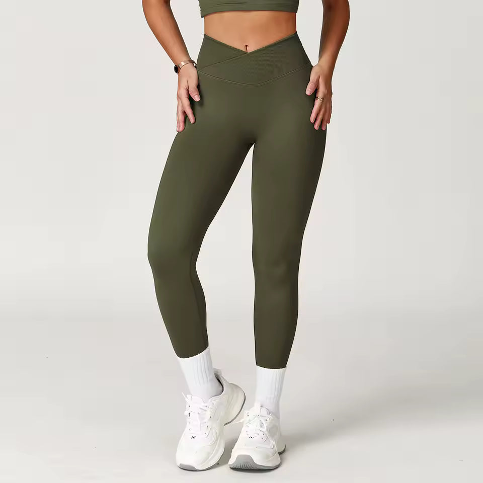 Leggings de ioga para mulher sem costuras, leggings de fitness para corrida e ciclismo, cintura cruzada, leggings desportivas de cintura subida para treino no ginásio.