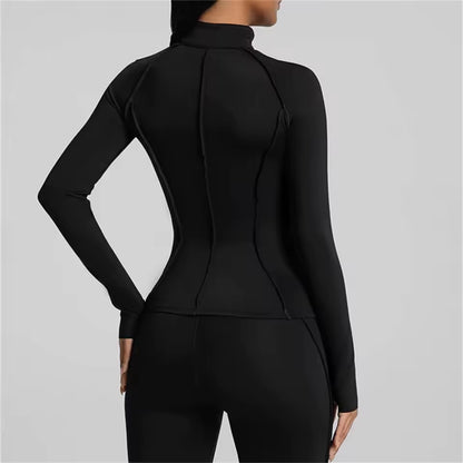 Conjunto feminino de treino com 2 peças — jaqueta acolchoada e roupa desportiva de ioga, com camisa de manga comprida de secagem rápida para fitness.