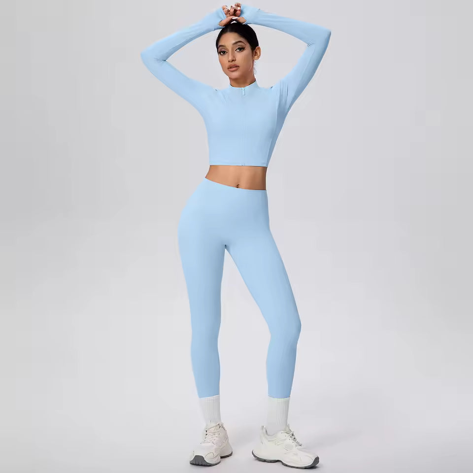 Conjunto feminino de 2 peças para treino, com jaqueta de fecho e calças de cintura alta, em cor sólida, respirável e de secagem rápida, ideal para yoga, ginásio, corrida e ciclismo