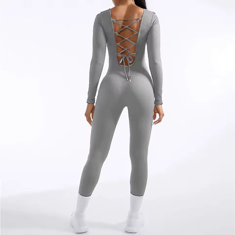 Novo macacão feminino de uma peça com manga comprida — body de bandagem desportiva, ideal para ginásio, ciclismo e treino, com design que modela o corpo.