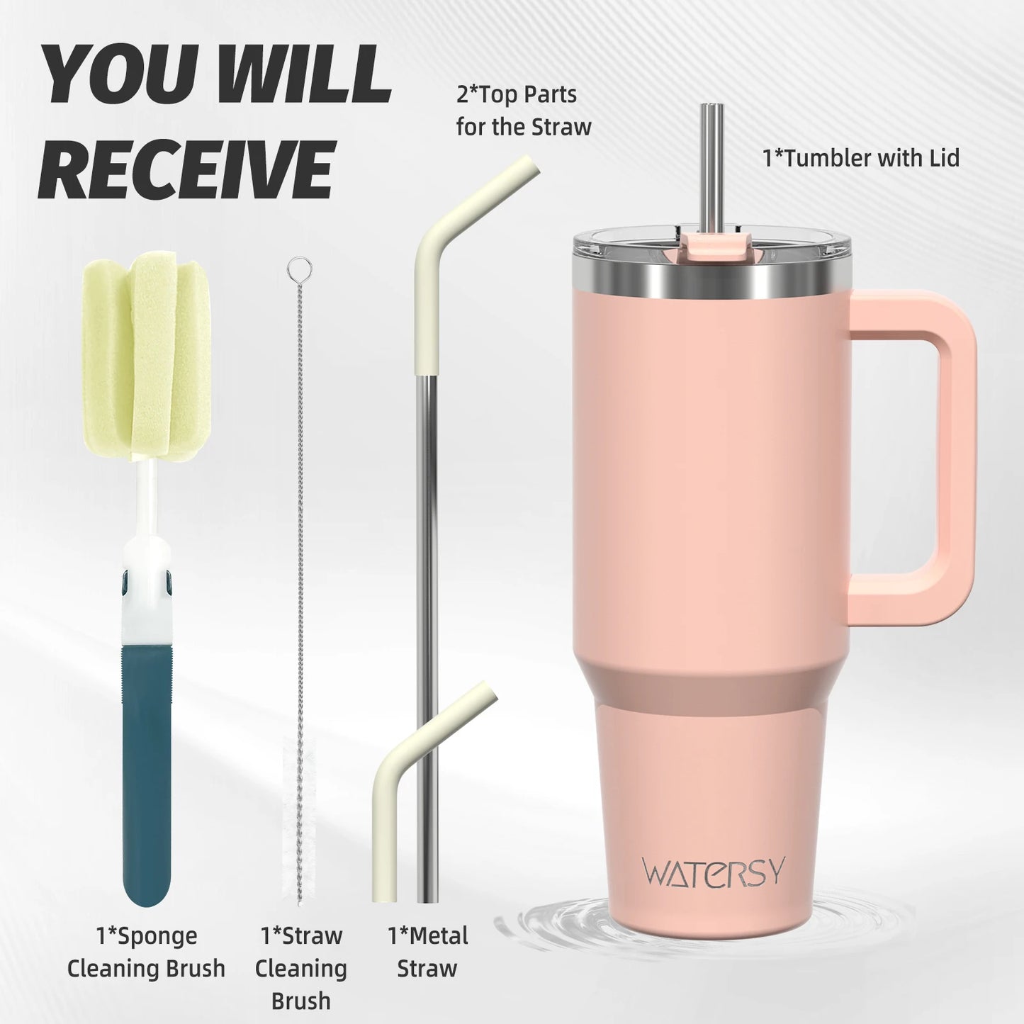 Copo WATERSY 20/30/40 onças com alça e palhinha, copo térmico em aço inoxidável de grande capacidade, caneca isolada a vácuo para carro e viagens