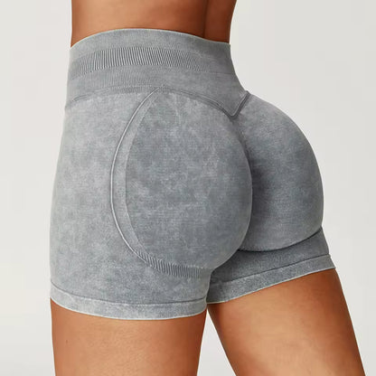 Shorts de yoga femininos de cintura alta, efeito “bumbum levantado”, em tecido com acabamento lavado, ideais para treino, fitness, corrida e ginásio