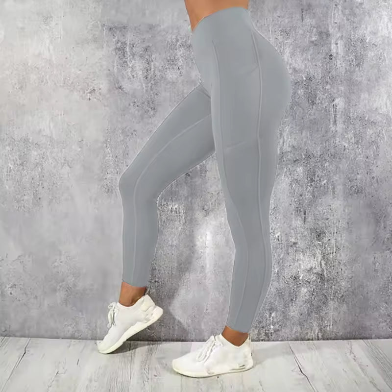 Leggings de fitness para mulher – calças de cintura alta com bolso, elásticas, modeladoras e com efeito push-up, ideais para treino, corrida e uso casual.