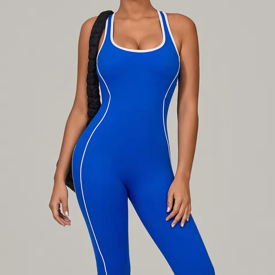 Macacão de ginástica feminino, macacão de fitness para corrida, fato desportivo feminino, roupa de yoga com blocos de cor, conjunto de treino e vestuário desportivo.