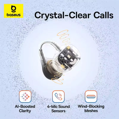 Baseus BC1 – Auscultadores de Clipe de Orelha Abertos, Sem Fios Bluetooth 6.0, com 4 Microfones, Graves Reforçados e Resistência à Água IP55, Ideais para Desporto
