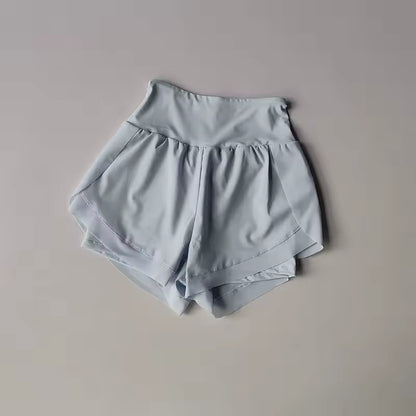 Shorts de yoga femininos de cintura alta, efeito de duas peças, com malha respirável e secagem rápida, anti-transparência