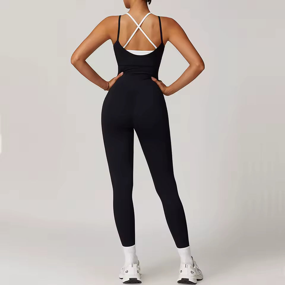 Conjunto desportivo feminino sexy — macacão de uma peça sem mangas com blocos de cor, ideal para yoga, fitness e treino de ginásio