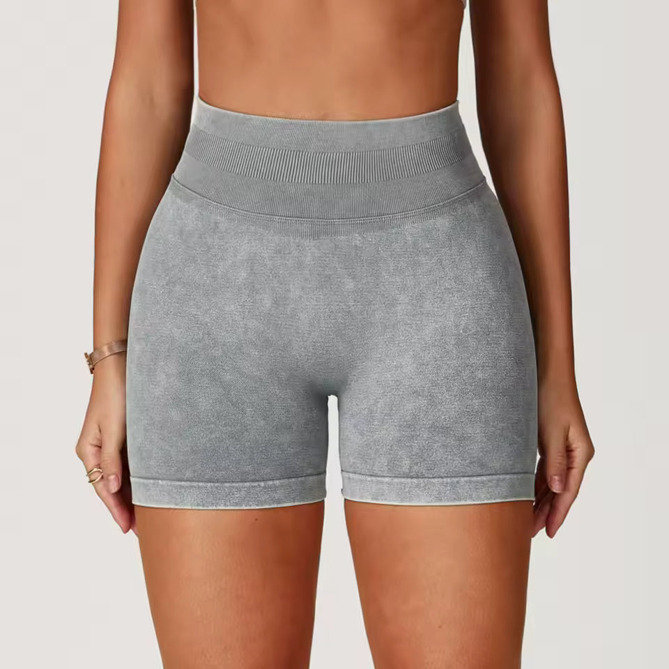 Shorts de yoga femininos de cintura alta, efeito “bumbum levantado”, em tecido com acabamento lavado, ideais para treino, fitness, corrida e ginásio