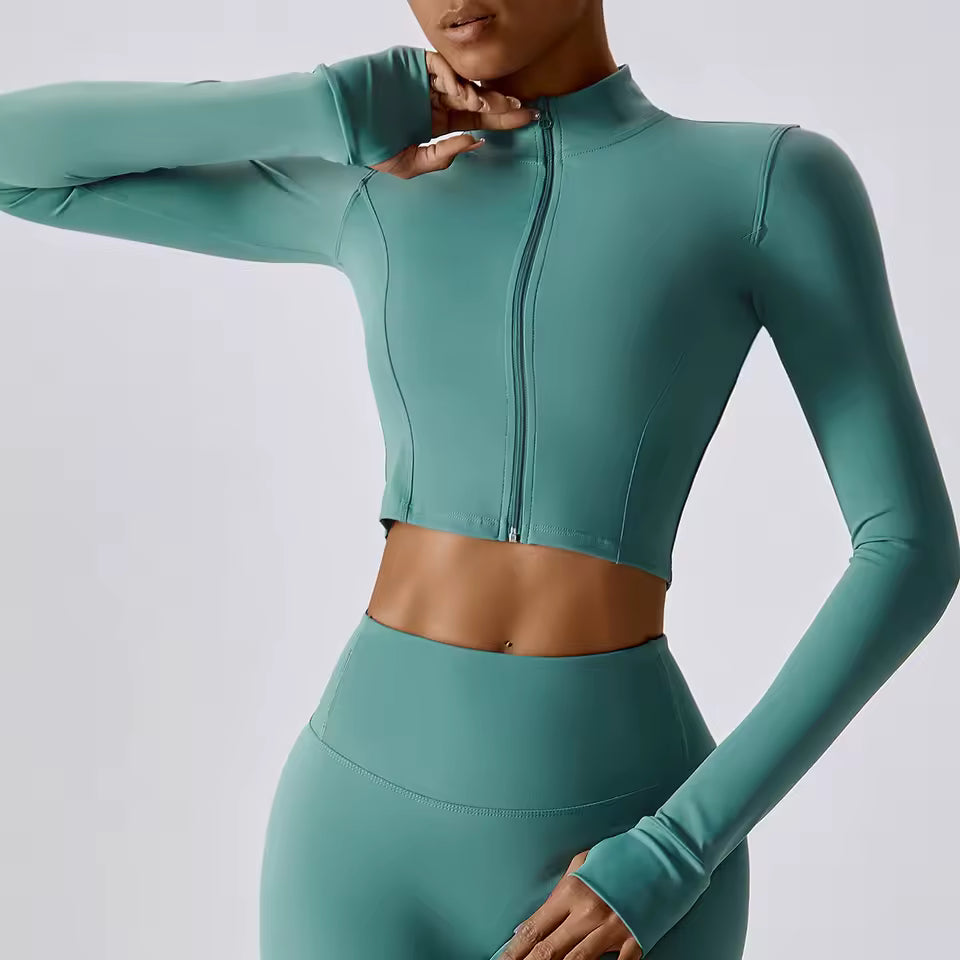 Jaqueta desportiva feminina com fecho, de manga comprida, respirável e de secagem rápida, ideal para corrida, ginásio e yoga, com encaixe para polegar e efeito push up