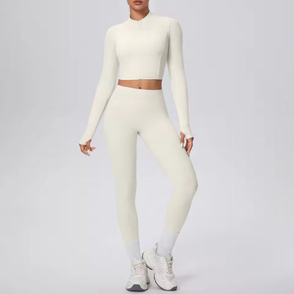 Conjunto feminino de 2 peças para treino, com jaqueta de fecho e calças de cintura alta, em cor sólida, respirável e de secagem rápida, ideal para yoga, ginásio, corrida e ciclismo