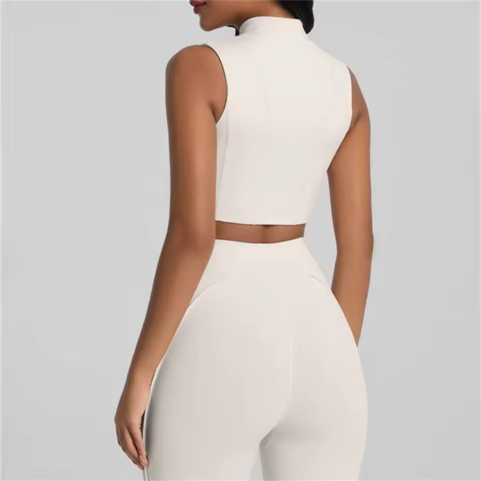 Conjunto feminino de treino com 2 peças — jaqueta acolchoada e roupa desportiva de ioga, com camisa de manga comprida de secagem rápida para fitness.