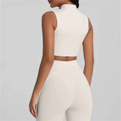 Conjunto feminino de treino com 2 peças — jaqueta acolchoada e roupa desportiva de ioga, com camisa de manga comprida de secagem rápida para fitness.