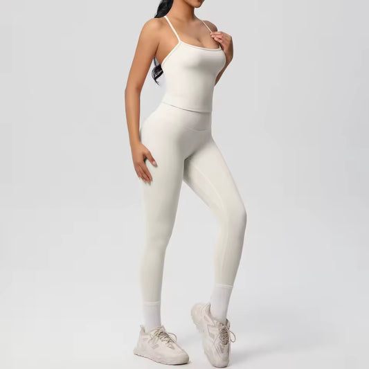 Conjunto desportivo feminino 2 peças — agasalho de ioga sem mangas, com sutiã desportivo e macacão de treino, ideal para fitness, ginásio e atividades físicas