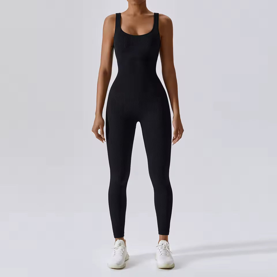 Conjunto feminino de ioga sem costuras para primavera — peça única, body para treino de fitness, dança e ginásio, com efeito push up e compressão abdominal.
