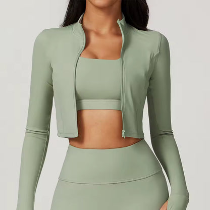 Jaqueta desportiva feminina com fecho, de manga comprida, respirável e de secagem rápida, ideal para corrida, ginásio e yoga, com encaixe para polegar e efeito push up