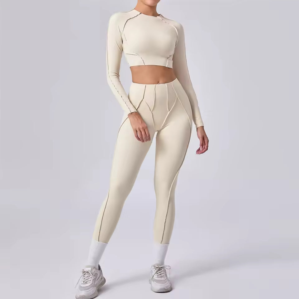 Conjunto feminino de ioga 3D — leggings de cintura alta que modelam e levantam o quadril, com top sem costas, para treino e ginásio.