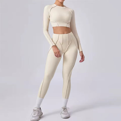 Conjunto feminino de ioga 3D — leggings de cintura alta que modelam e levantam o quadril, com top sem costas, para treino e ginásio.