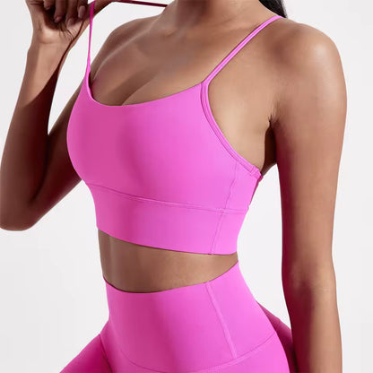 Top desportivo feminino de cor sólida, com formato em Y, macio e ajustado, ideal para treino completo, corrida, ginásio ou ioga, com almofadas removíveis no peito.