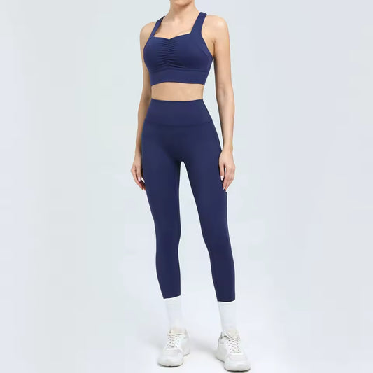 Conjunto feminino de 2 peças, fato de treino e yoga, roupa desportiva de ginásio com leggings de cintura alta e sutiã de fitness, conjunto atlético.