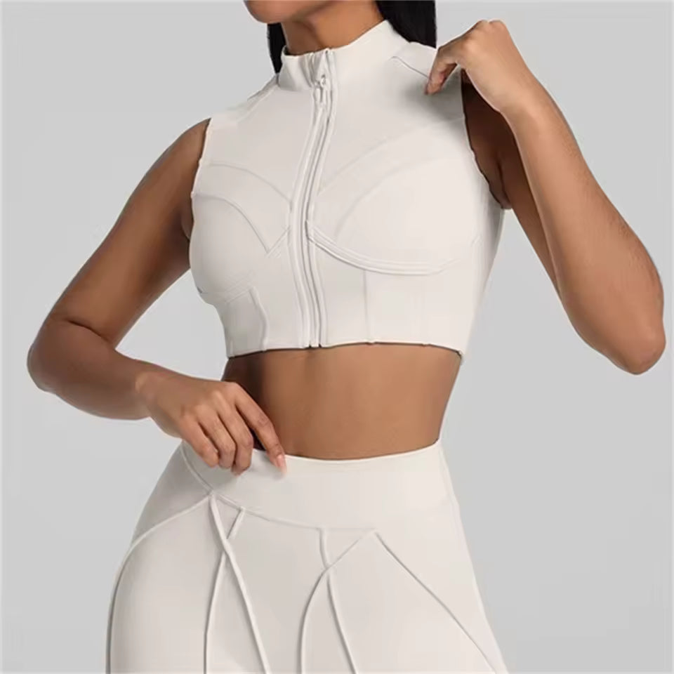 Conjunto feminino de treino com 2 peças — jaqueta acolchoada e roupa desportiva de ioga, com camisa de manga comprida de secagem rápida para fitness.