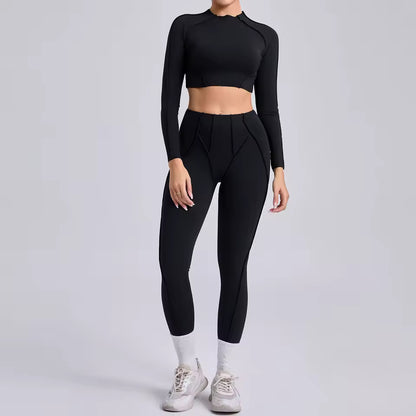 Conjunto feminino de ioga 3D — leggings de cintura alta que modelam e levantam o quadril, com top sem costas, para treino e ginásio.