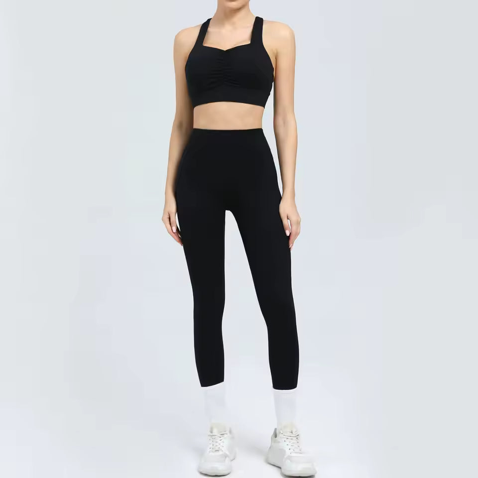 Conjunto feminino de 2 peças, fato de treino e yoga, roupa desportiva de ginásio com leggings de cintura alta e sutiã de fitness, conjunto atlético.