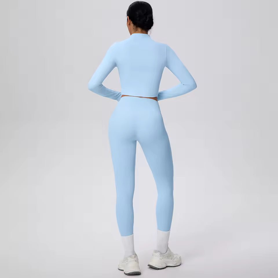 Conjunto feminino de 2 peças para treino, com jaqueta de fecho e calças de cintura alta, em cor sólida, respirável e de secagem rápida, ideal para yoga, ginásio, corrida e ciclismo