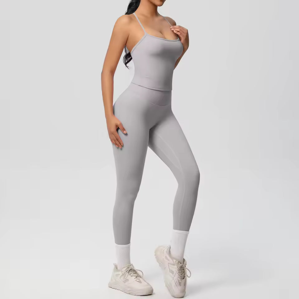 Conjunto desportivo feminino 2 peças — agasalho de ioga sem mangas, com sutiã desportivo e macacão de treino, ideal para fitness, ginásio e atividades físicas