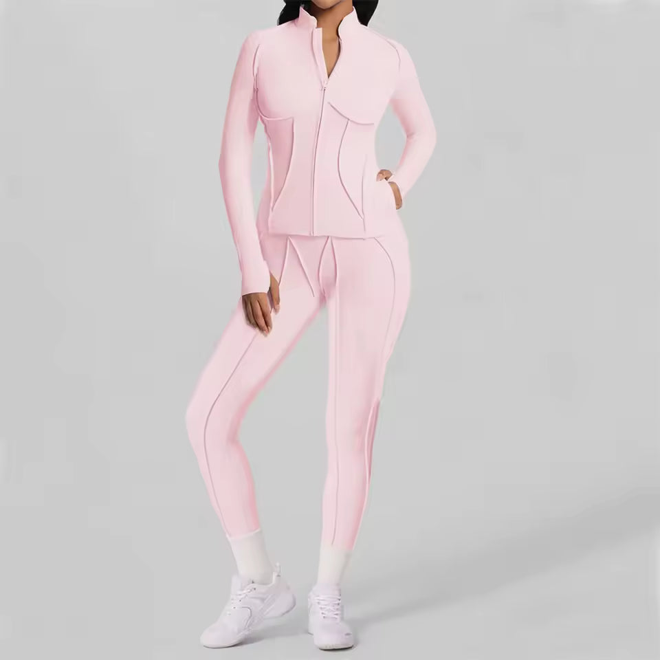 Conjunto feminino de treino com 2 peças — jaqueta acolchoada e roupa desportiva de ioga, com camisa de manga comprida de secagem rápida para fitness.